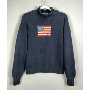 VTg 90s Polo Sport Ralph Lauren Flag Logo Mock Neck Knit Sweater SZ S Navy Blue